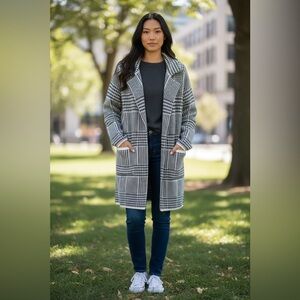 Ophelia Roe Black White Houndstooth Long Cardigan Coat Large